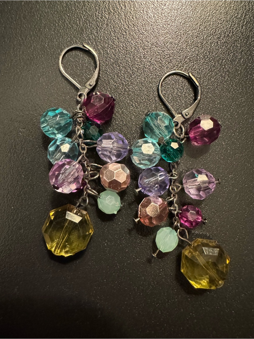 Colorful Faceted Bead Cluster Dangle Earrings Silver Tone Leverback 2.25”